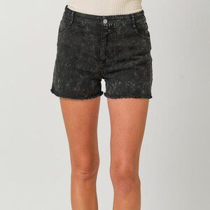 MYSTREE Washed Black Denim Cutoff Shorts | High Rise | Trendy Fray Hem